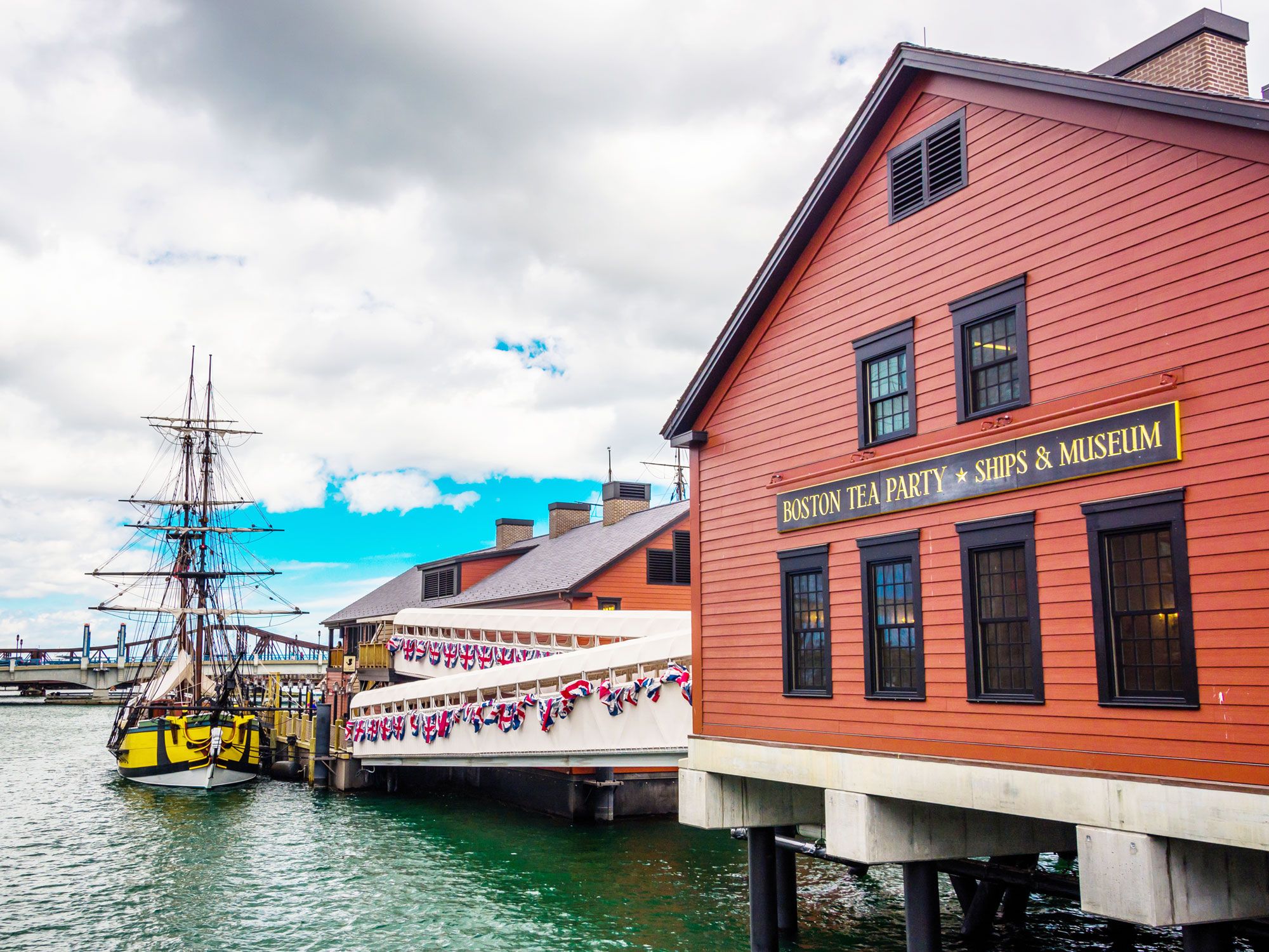 Exterior of Boston Tea Party Ships & Museum with historic ship at dock