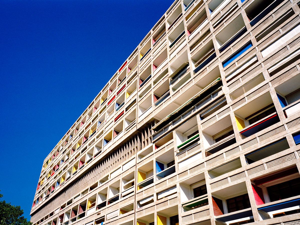 View up at La Cité Radieuse Brutalist housing complex in Marseilles, France