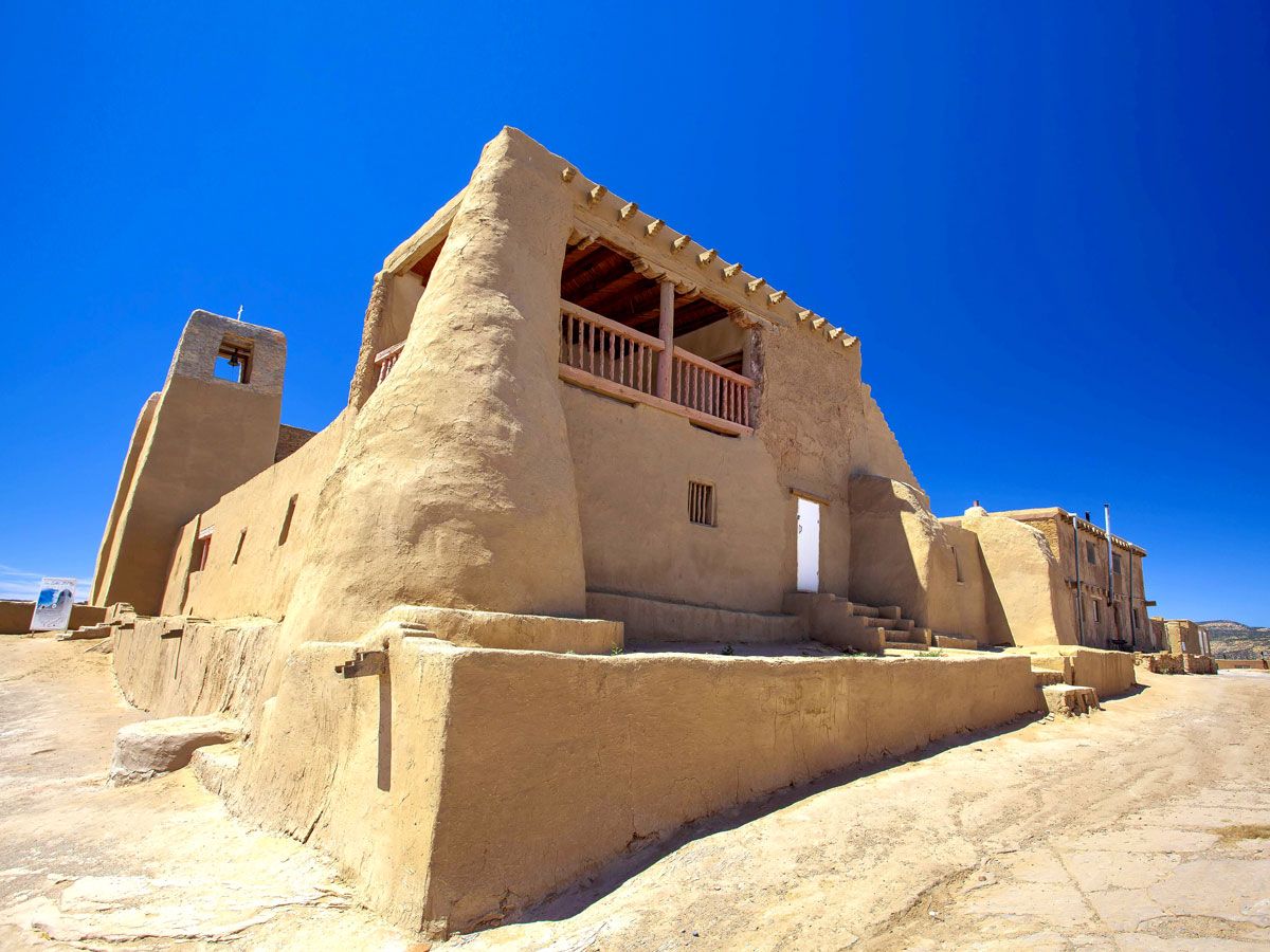 Adobe facade of the San Estevan del Rey Mission Church in New Mexico