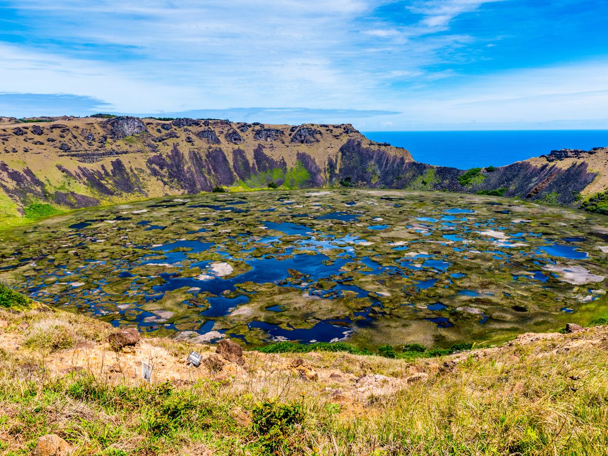 Rano Kau volcanic crater on Easter Island, seen from above