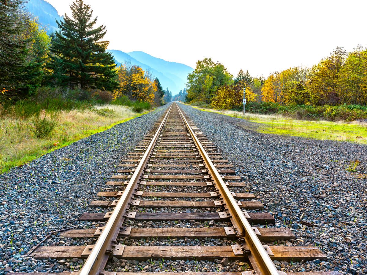 Empty railroad track through forest and mountains