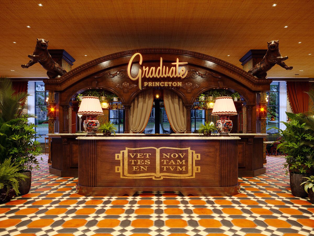Check-in desk in the lobby of the Graduate Princeton hotel in Princeton, New Jersey