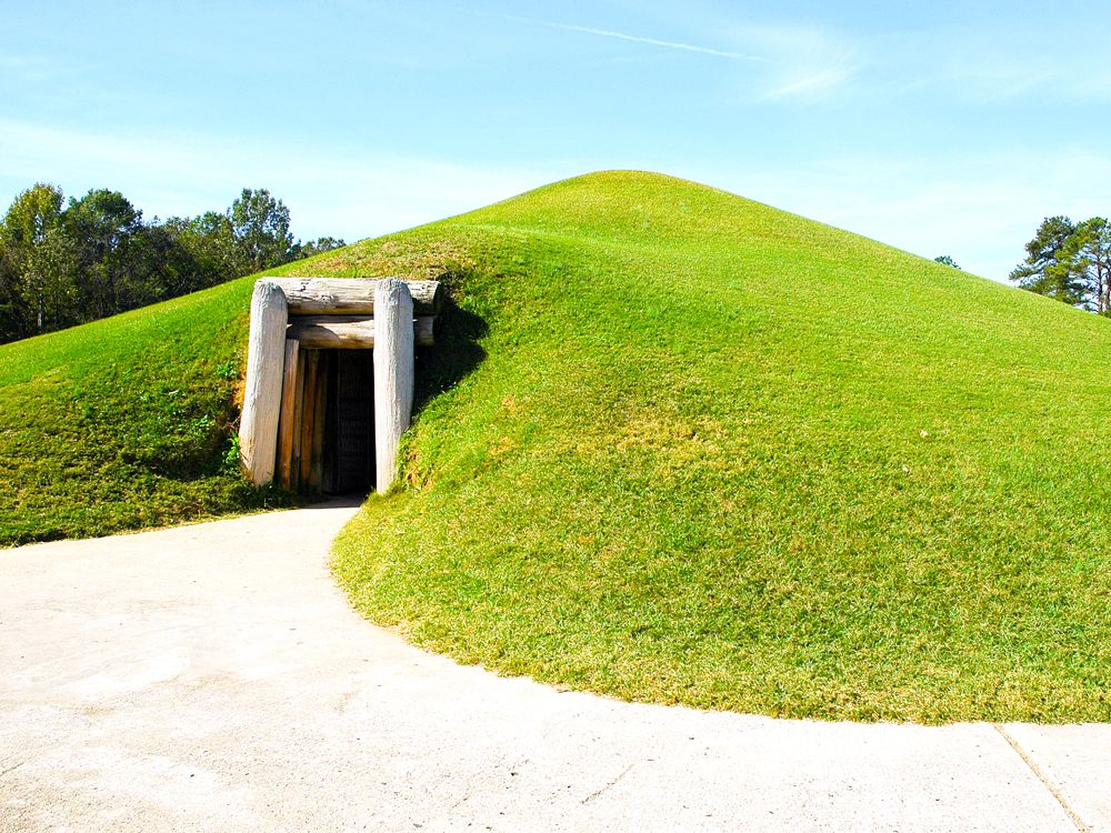 Underground mound entrance at Ocmulgee Mounds National Historical Park in Georgia