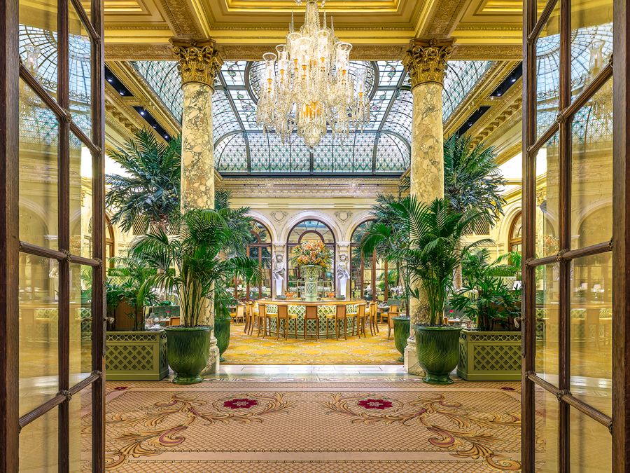 Ornate dining room of the Palm Court Restaurant at the Plaza Hotel in New York City