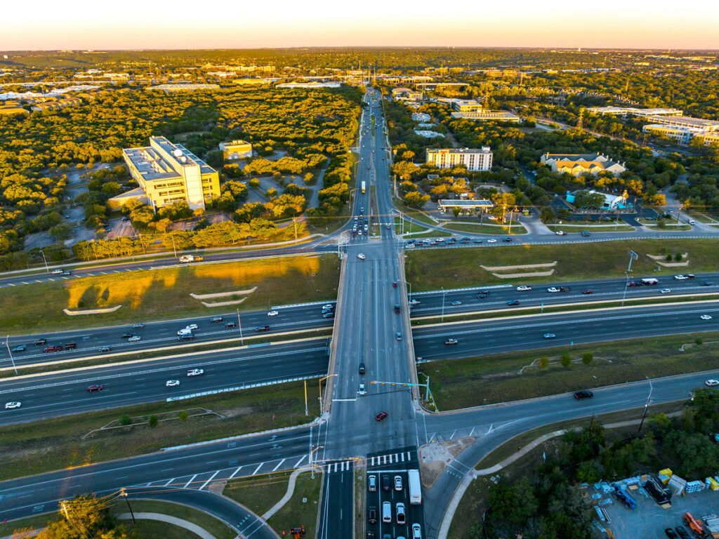 Aerial view of highway interchange in Leander, Texas