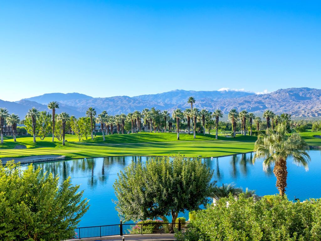 Palm Desert golf course with palm trees and mountains in background