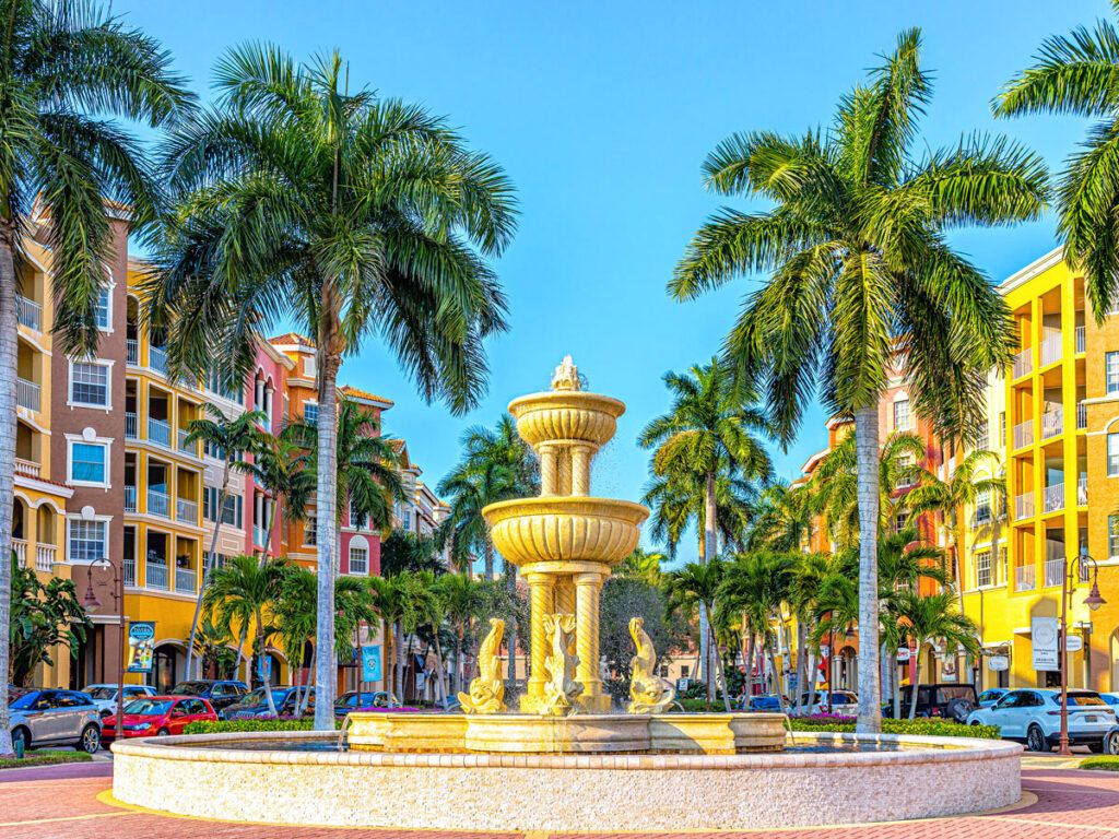 Fountain surrounded by condos in Naples, Florida