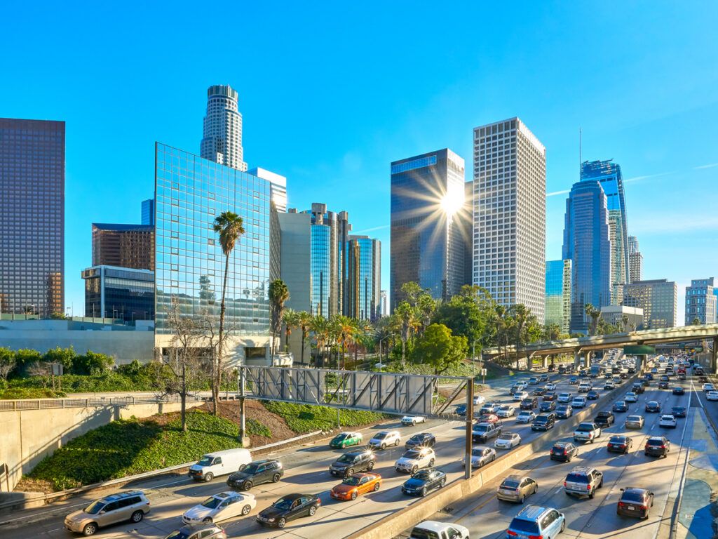 Traffic-filled 110 Freeway in downtown Los Angeles