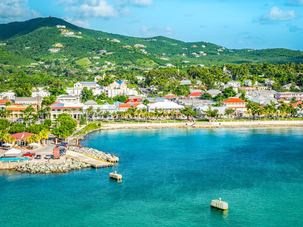 Aerial view of the coastline of Frederiksted, St. Croix, in the U.S. Virgin Islands