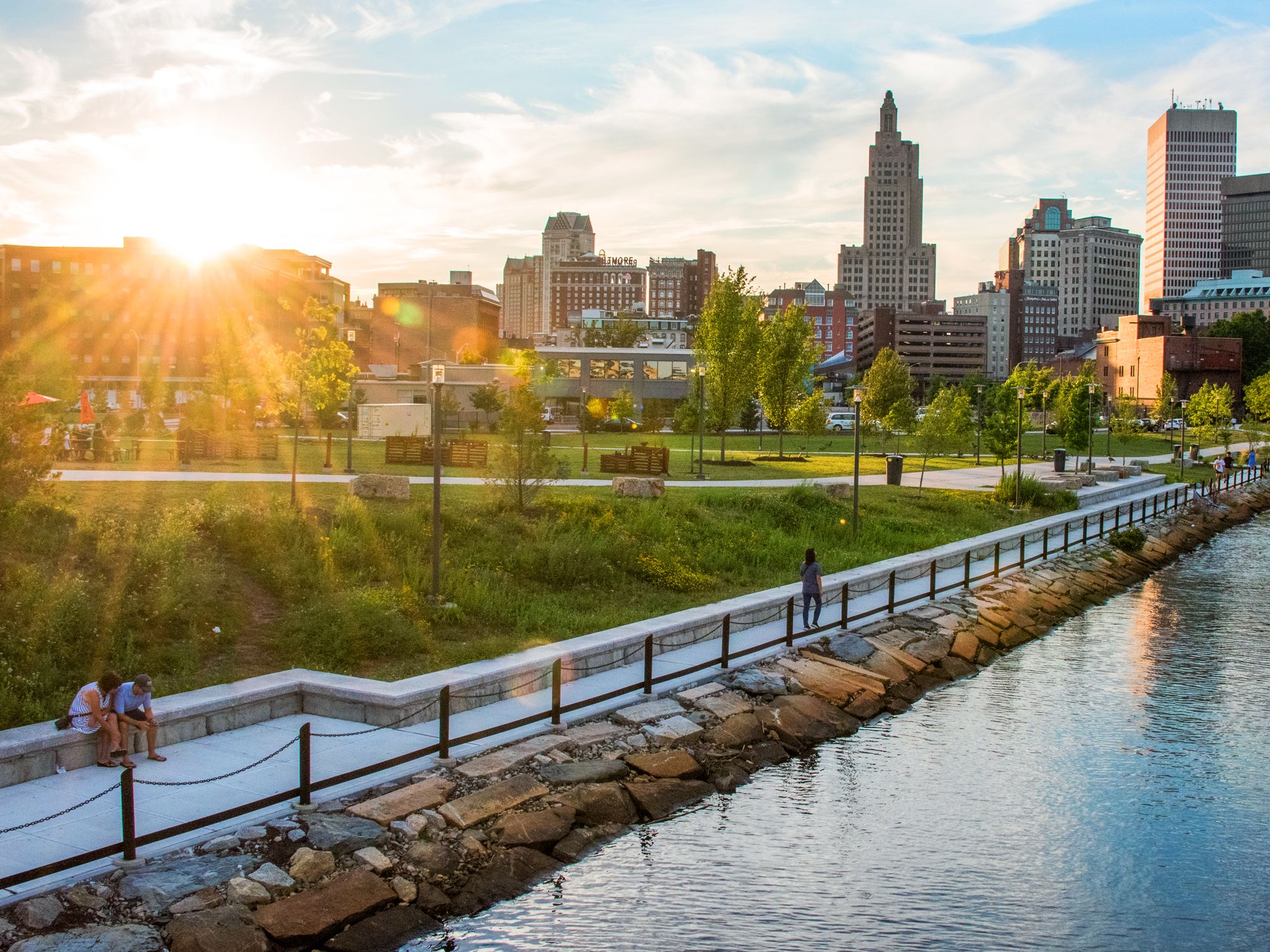 Sun shining over park in downtown Providence