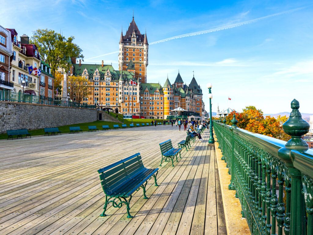Benches along boardwalk overlooking St. Lawrence River in Quebec City, Canada