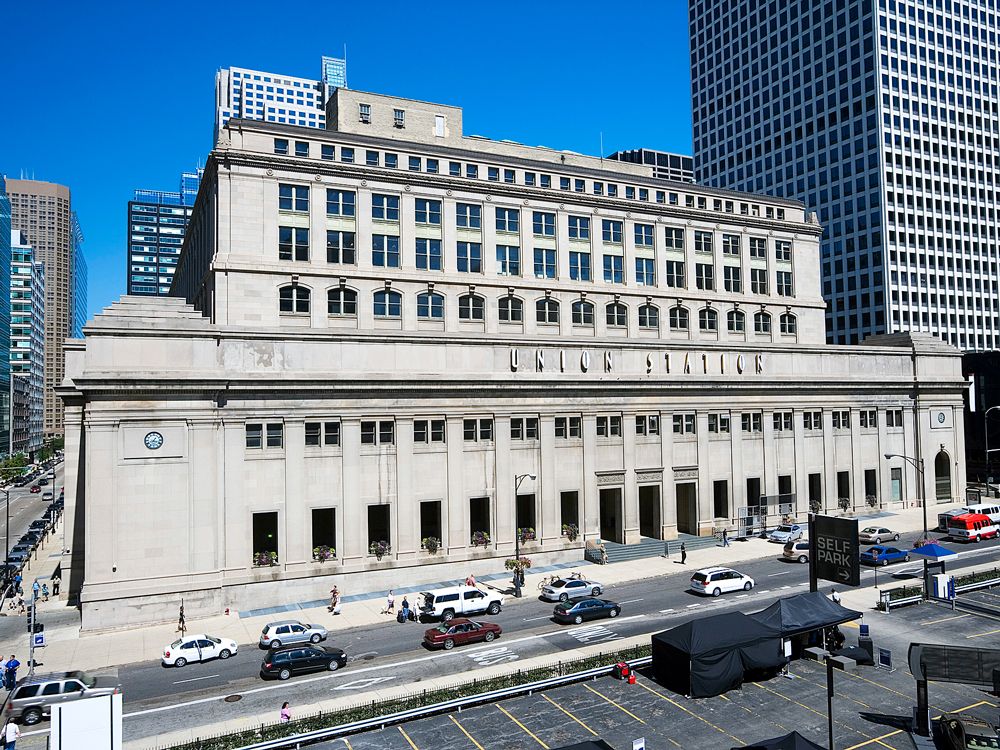 Chicago's Union Station surrounded by high-rise buildings