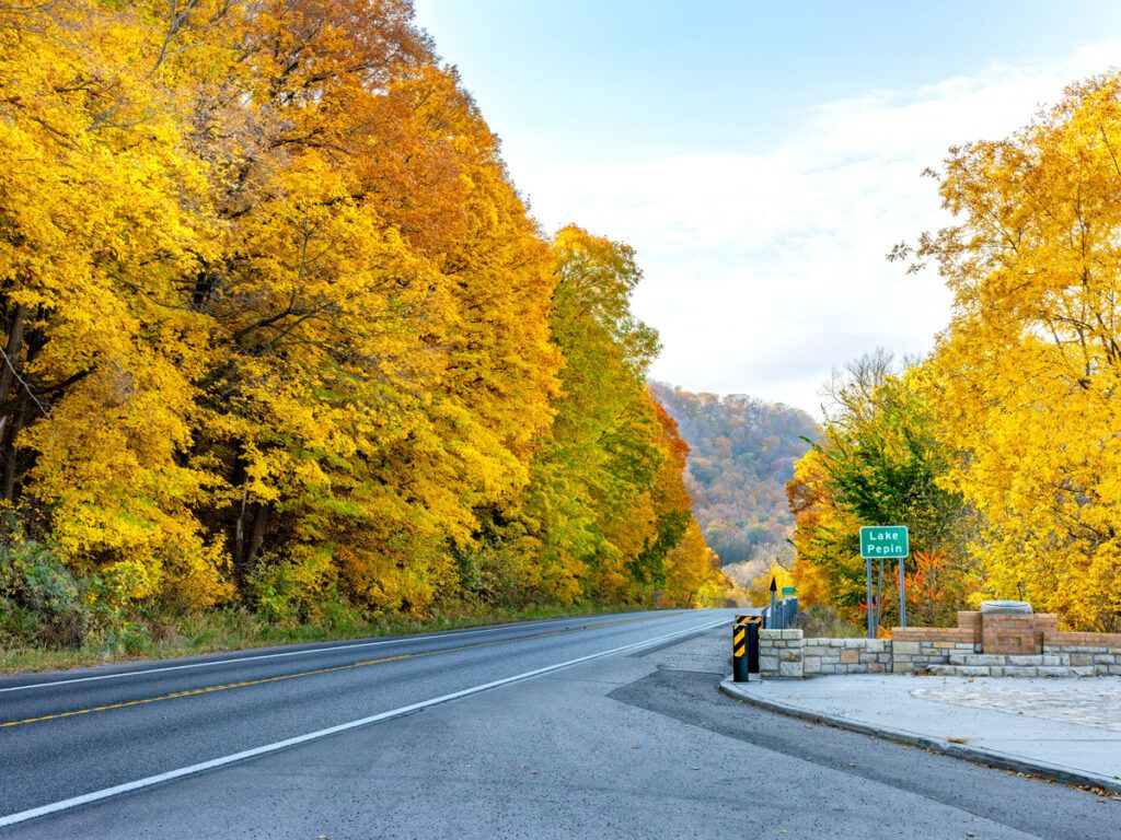 Road beside Lake Pepin in Minnesota during fall