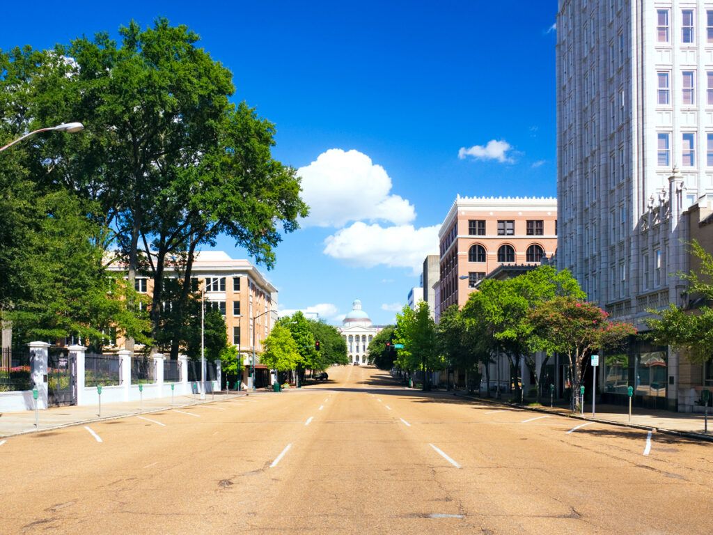 Empty street facing Mississippi State Capitol in Jackson