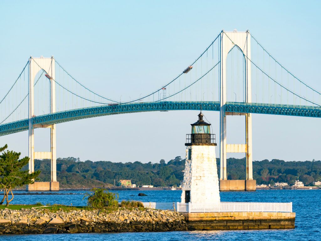 Goat Island Lighthouse and the Claiborne Pell Newport Bridge