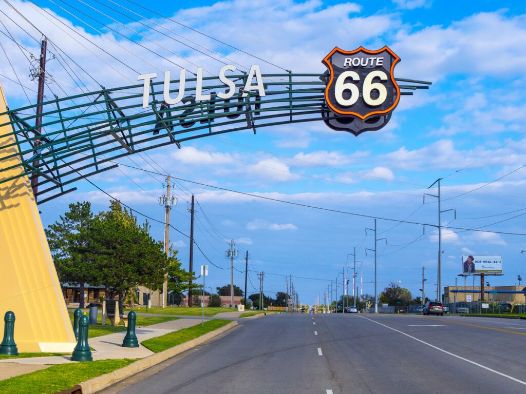 Route 66 road sign in Tulsa, Oklahoma