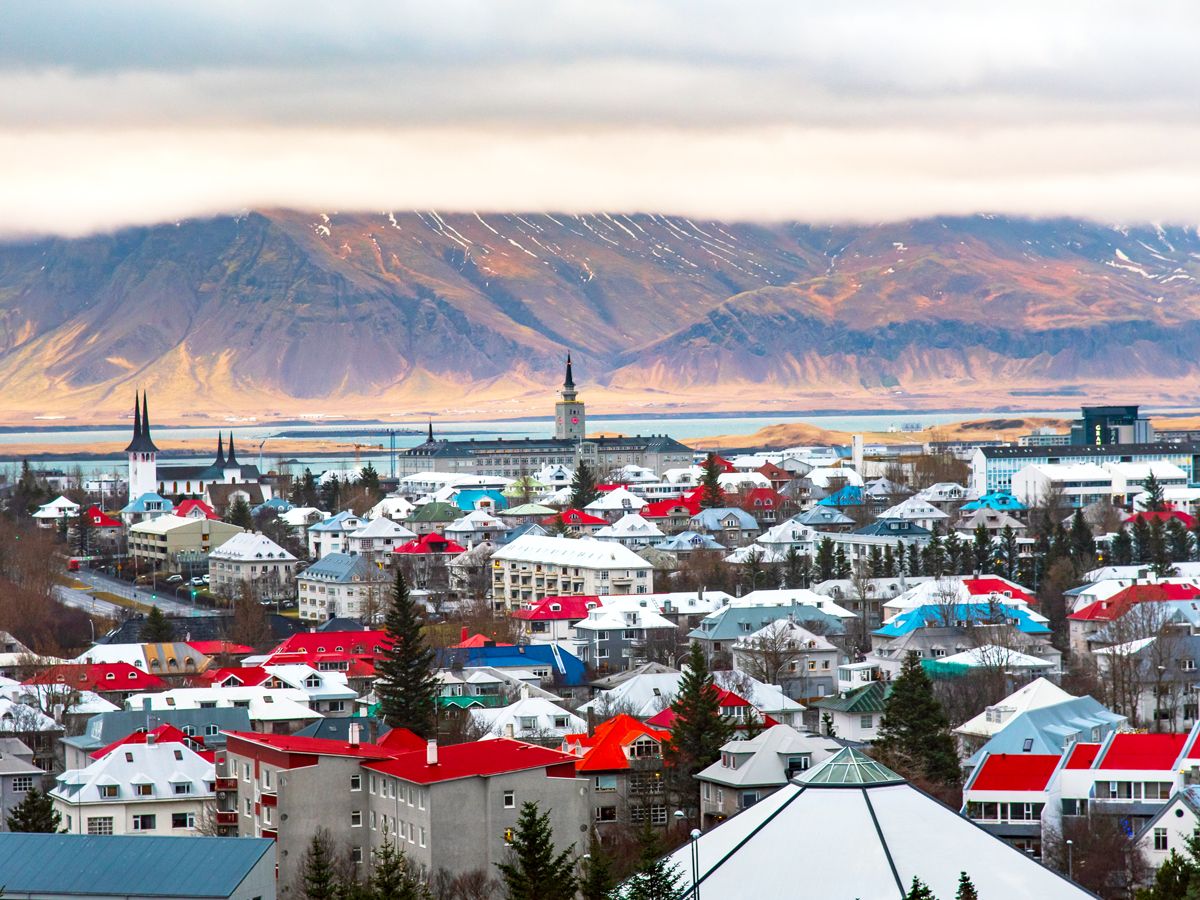Aerial view of Reykjavík, Iceland, under cloudy skies