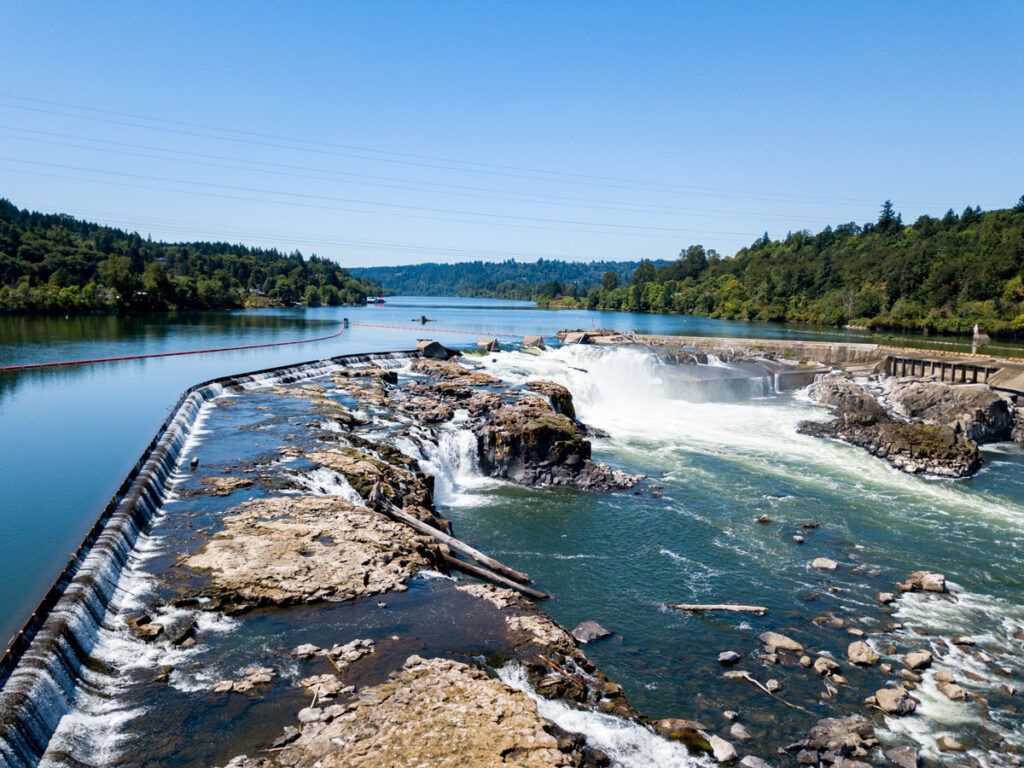 Aerial view of Willamette Falls in Oregon City, Oregon