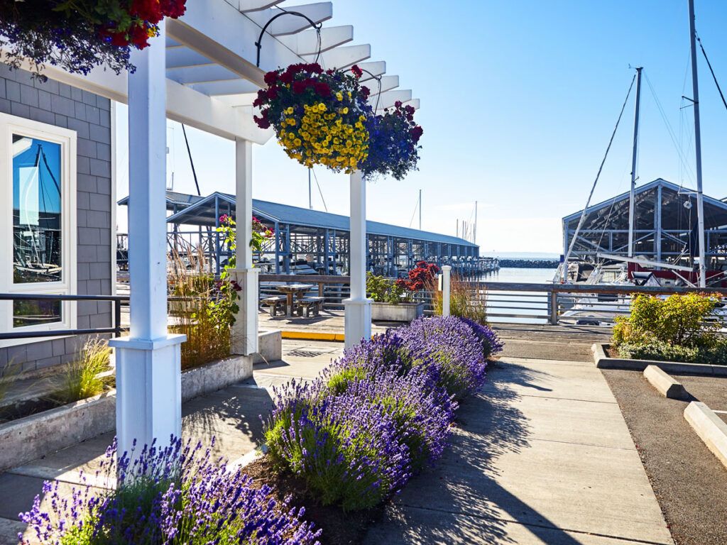 Marina and boardwalk along the waterfront in Edmonds, Washington
