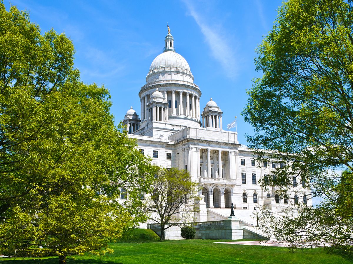 Trees framing Rhode Island State House