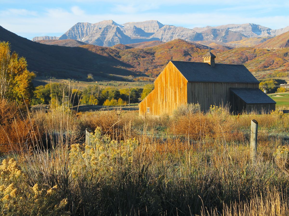 Barn overlooking landscape outside of Midway, Utah