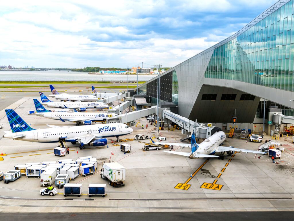 JetBlue planes parked at gates at LaGuardia Airport
