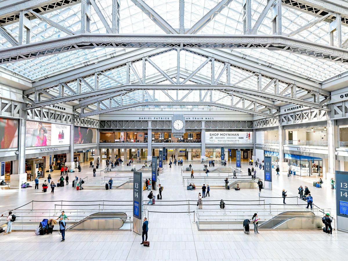 Light-filled interior of Moynihan Train Hall in New York City