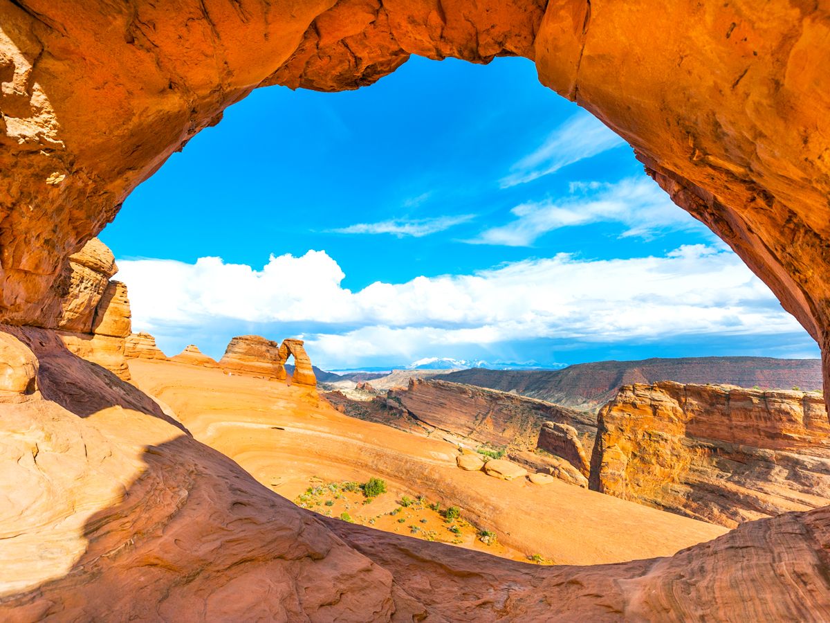 View through sandstone arch in Arches National Park, Utah