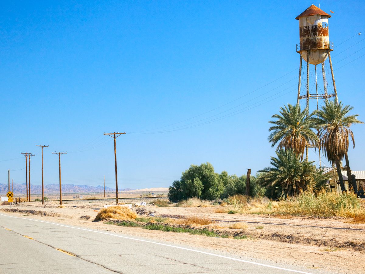 Water tower along dusty road in Calipatria, California
