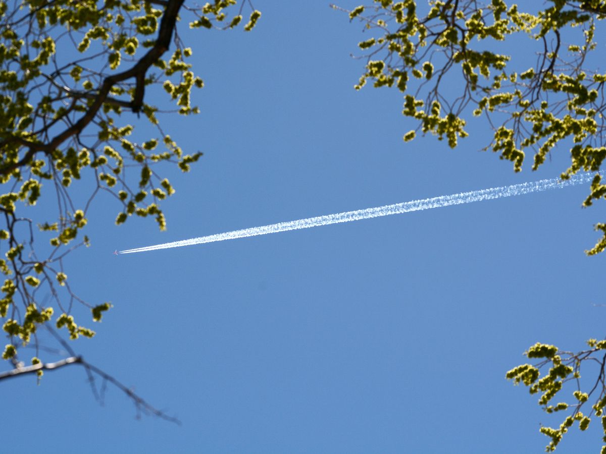 Plane cruising overhead and with contrail forming behind