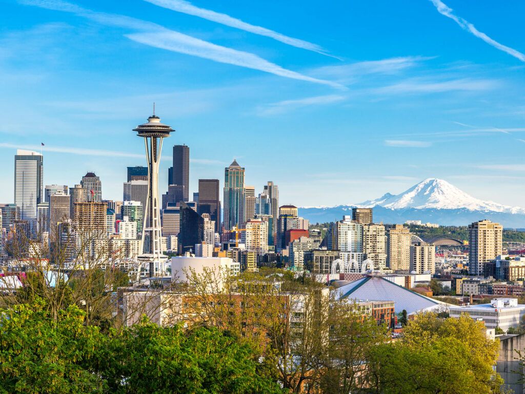 Skyline of downtown Seattle, Washington, with Mount Rainier visible