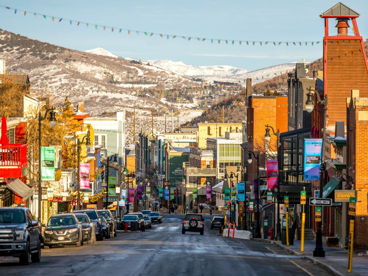 Street with mountain backdrop in Park City, Utah