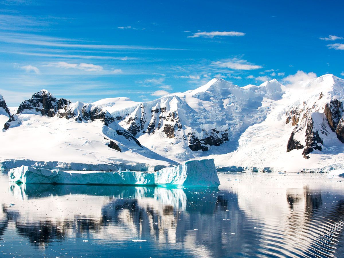 Snow- and ice-covered landscape of Antarctica
