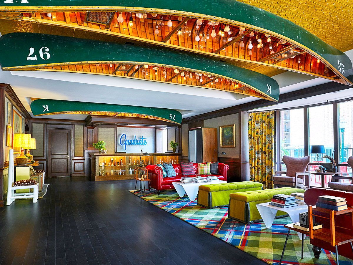 Retro-themed Hilton hotel lobby