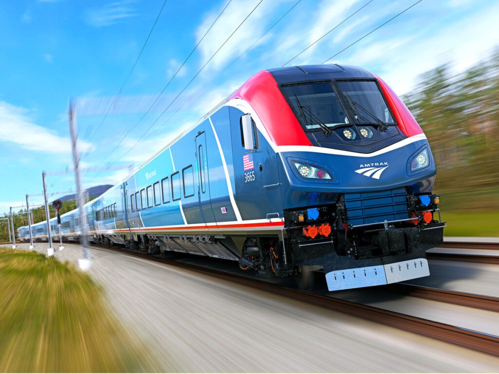 Amtrak train traveling at high speed
