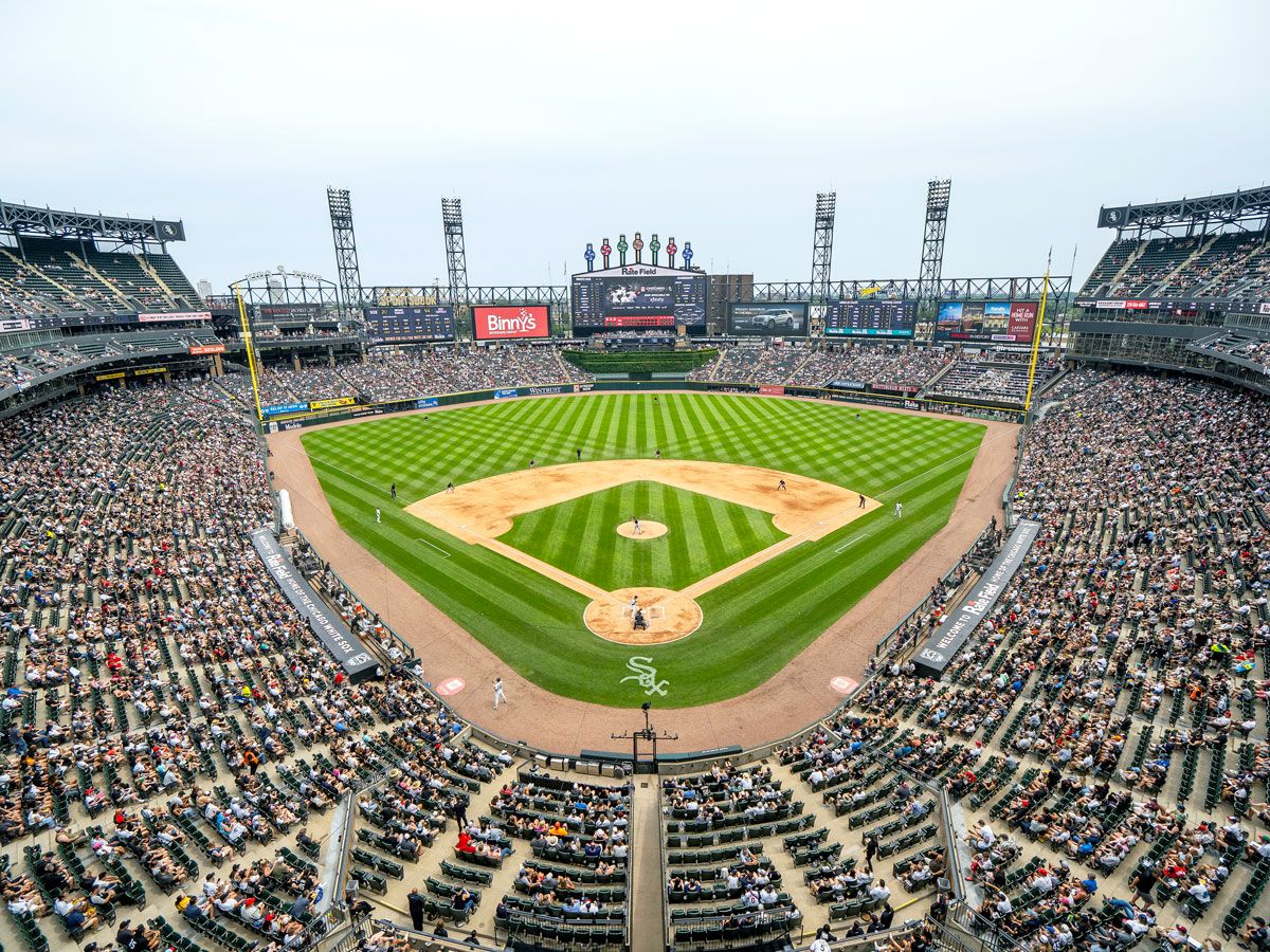 View of Rate Field in Chicago, Illinois, from behind home plate