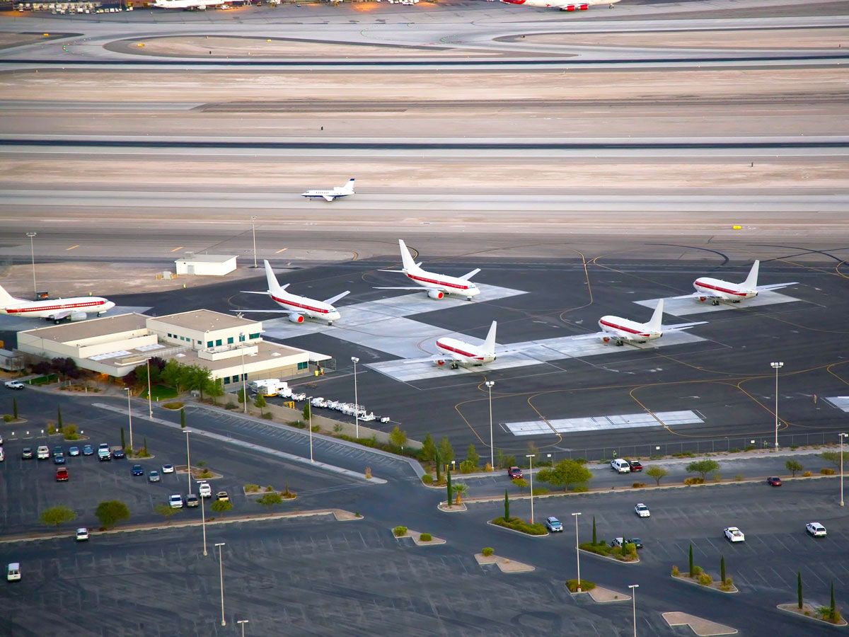 Aerial view of Janet Airlines planes parked on tarmac