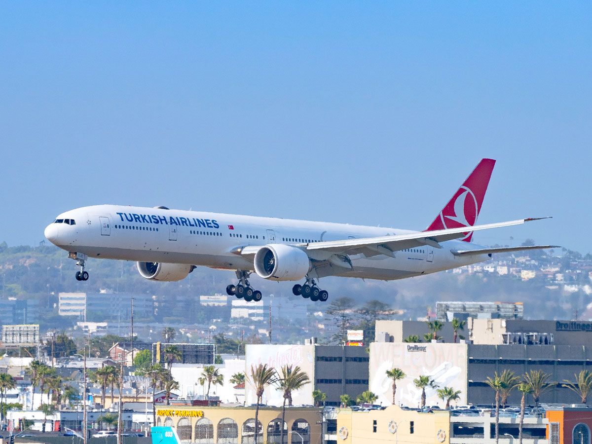 Turkish Airlines Boeing 777-300ER landing at Los Angeles International Airport in California