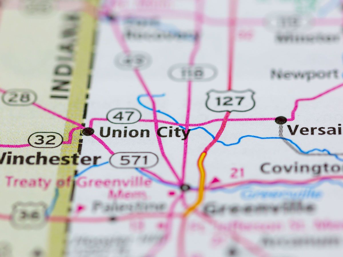 Map showing Union City, Indiana, and Union City, Ohio