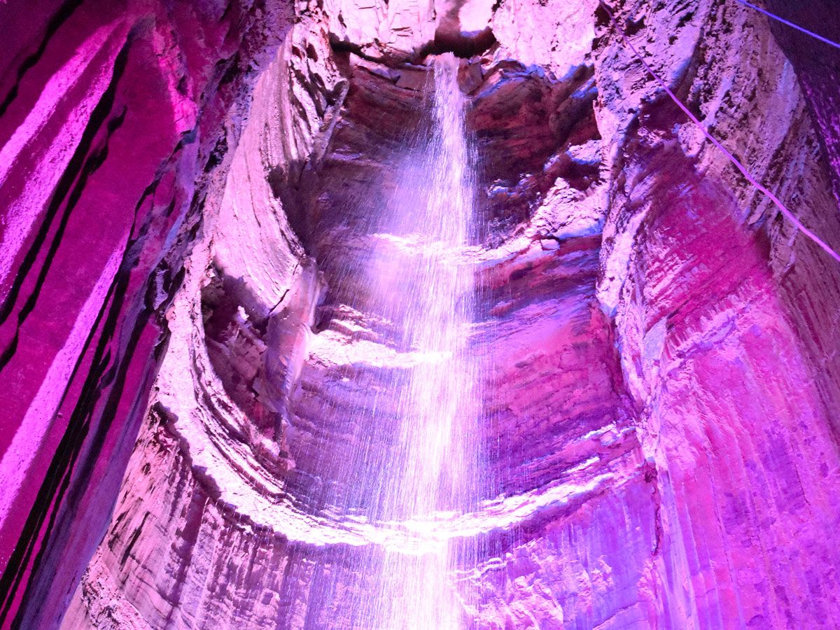 Underground Ruby Falls in Tennessee, with purple lighting