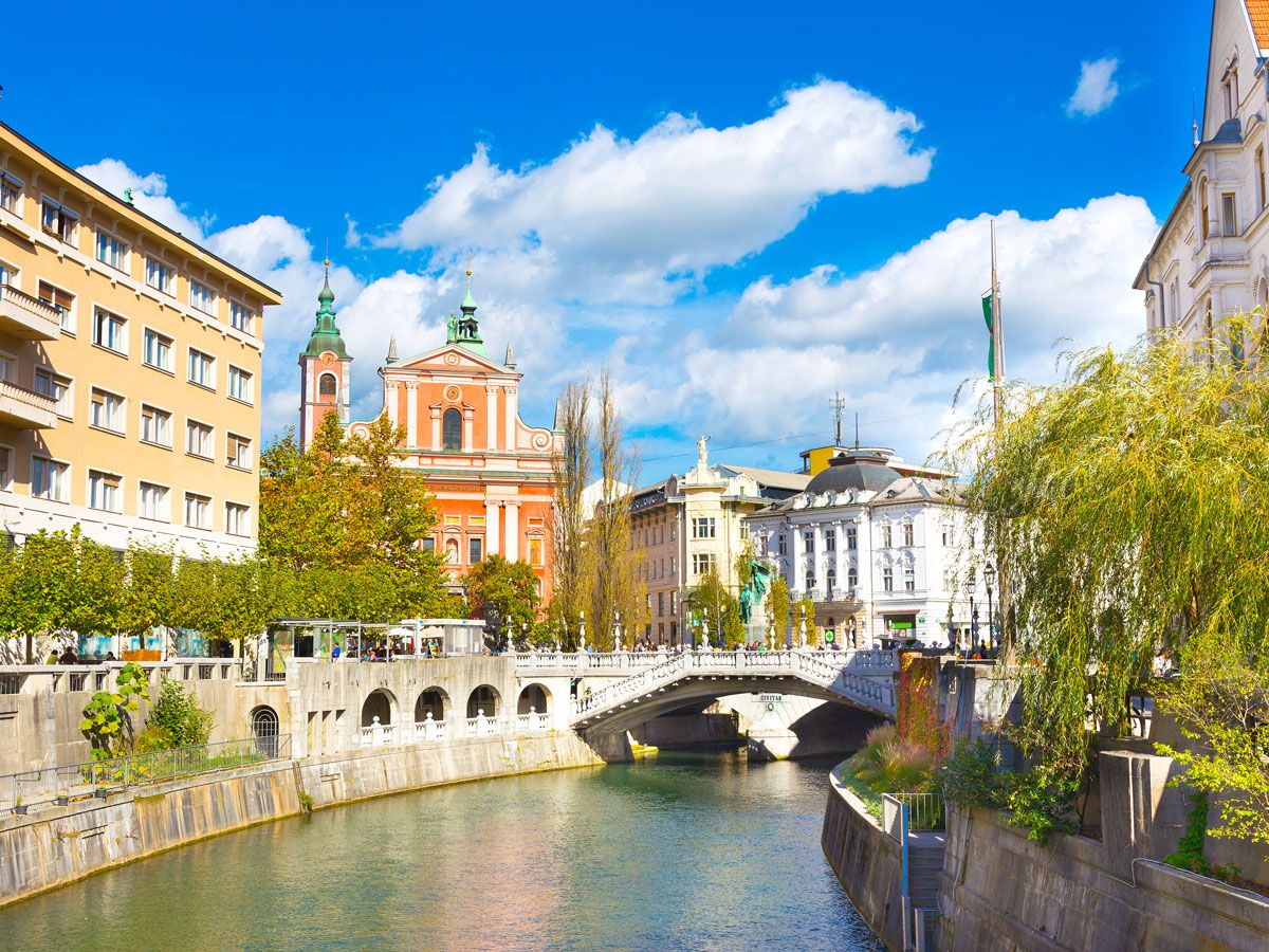 Buildings along river in Ljubljana, Slovenia