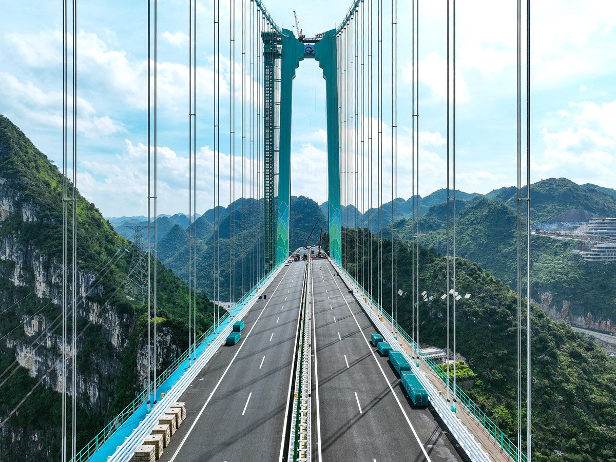 Aerial view of roadway on the Huajiang Grand Canyon Bridge in Guizhou, China