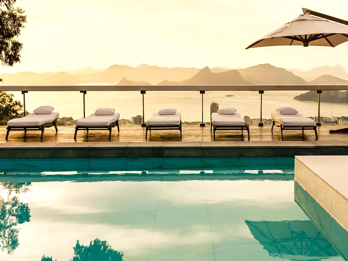 Pool area overlooking Rio's Guanabara Bay at Vila Santa Teresa  