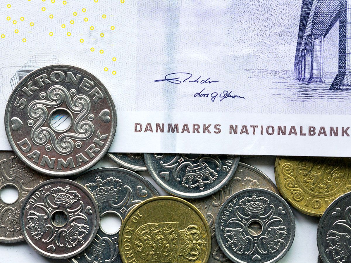 Close-up view of Danish currency