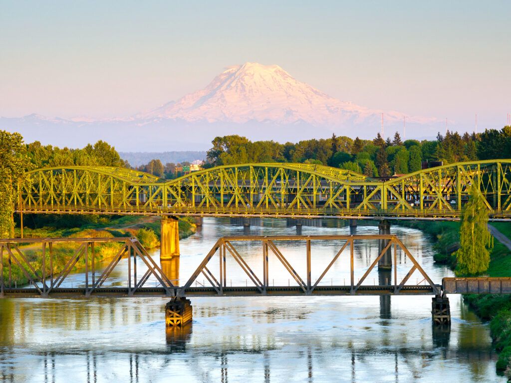 Railroad bridge with Mount Rainier in background
