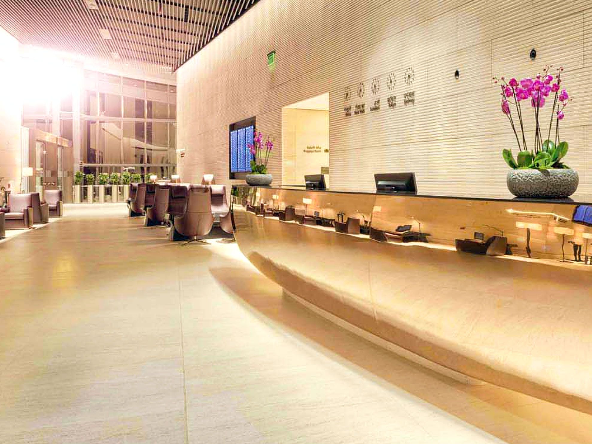 Check-in area for the Qatar Airways Al Safwa First Class Lounge in Doha, Qatar