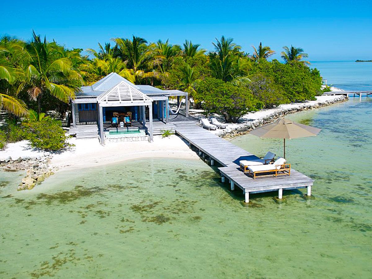 Aerial view of villa on Cayo Espanto private island resort in Belize