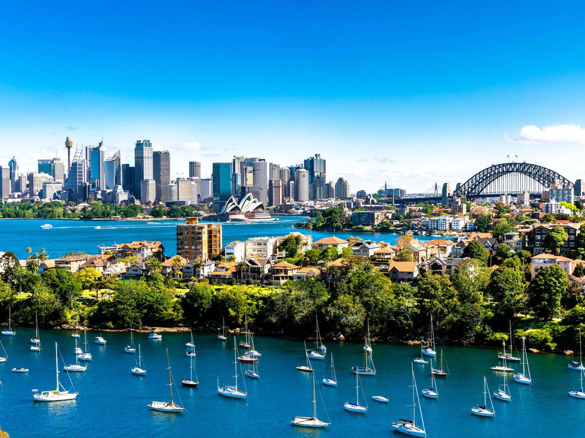 Aerial view of Sydney Harbour and skyline