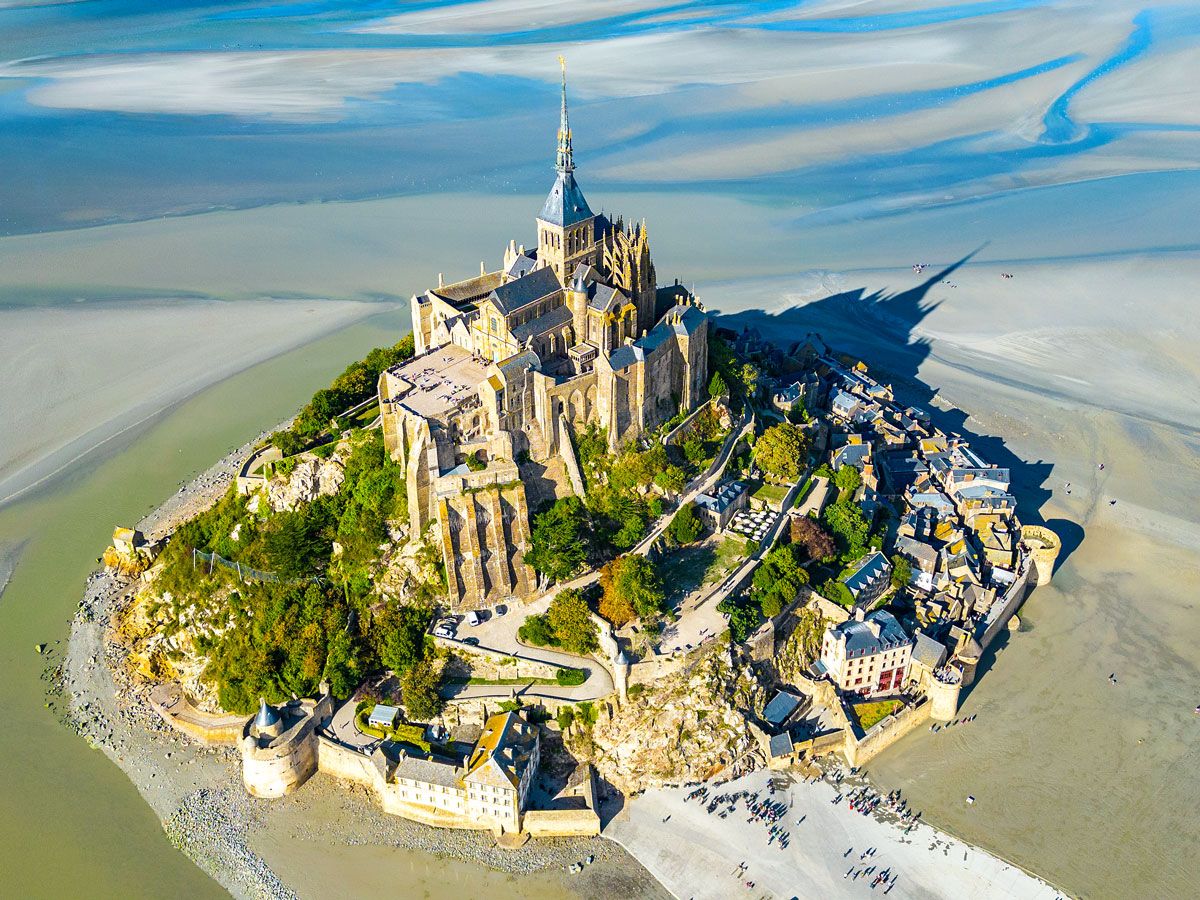 Aerial view of Mont-Saint-Michel tidal island and abbey in northern France