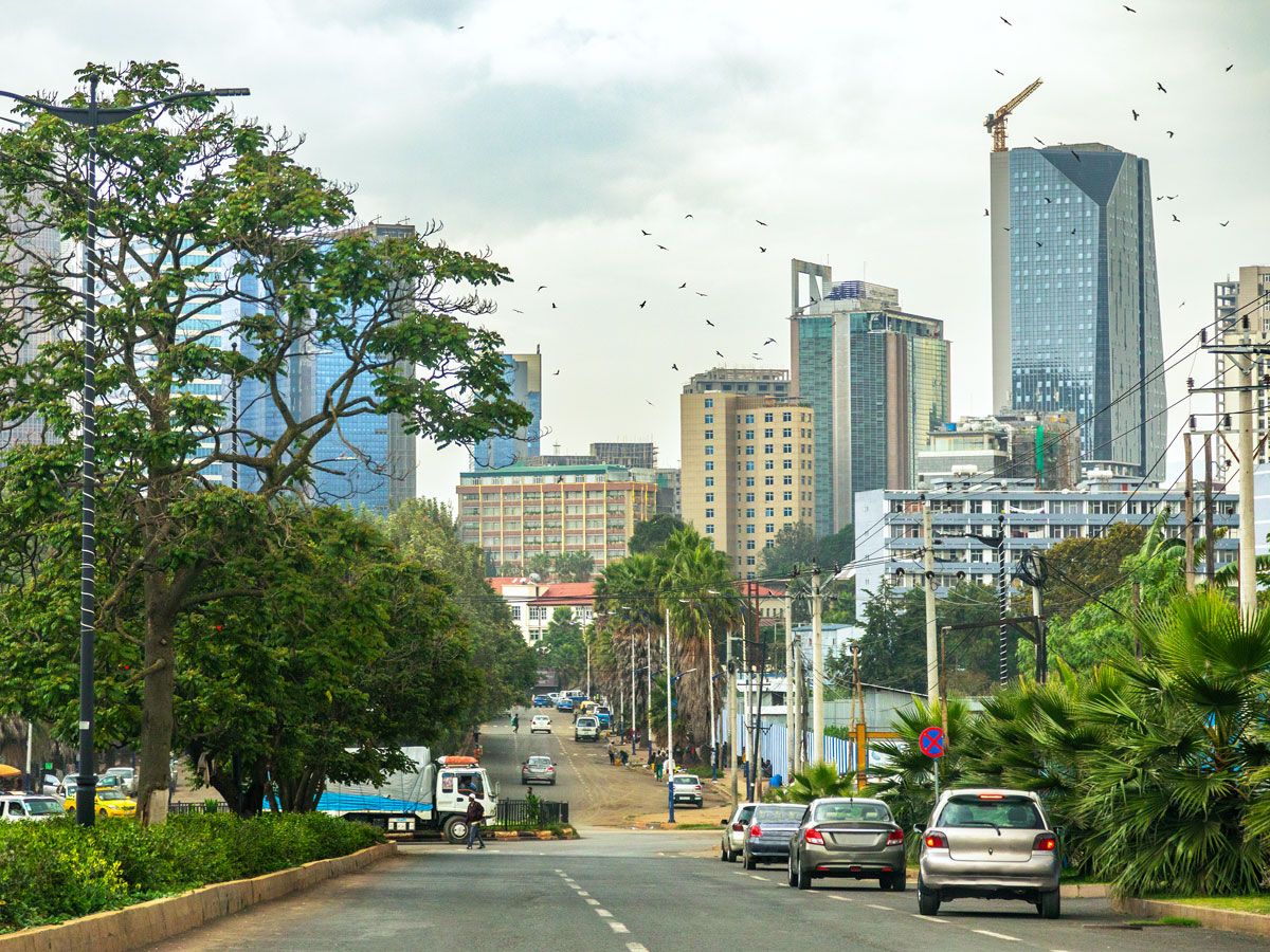 Wide tree-lined avenue in Addis Ababa, Ethiopia 